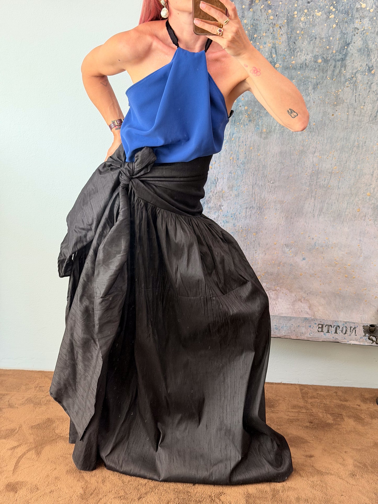 Gonna "Marisa" in shantung di seta nero, realizzata da Montanaro Vintage