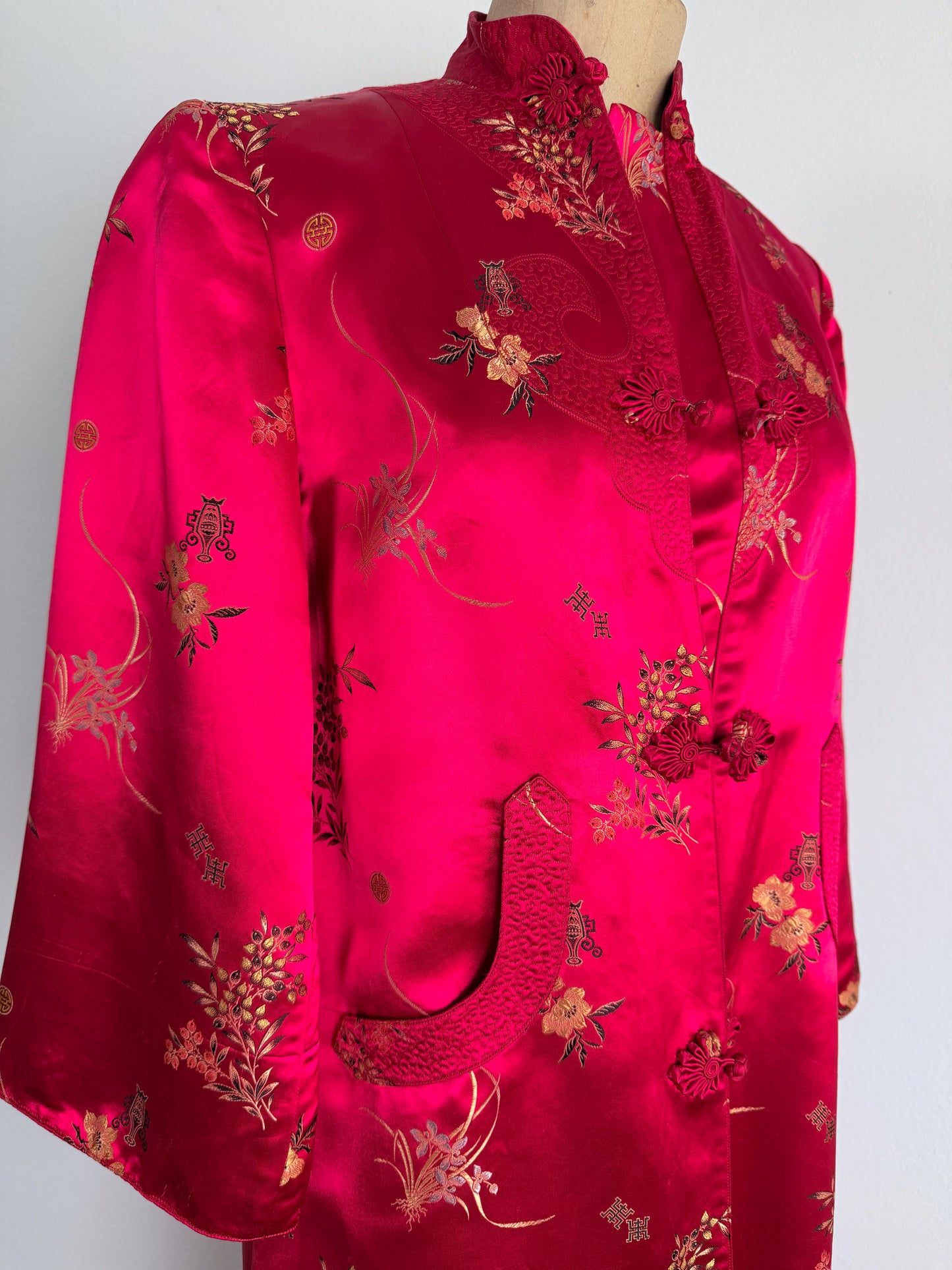 Giacca orientale cinese anni 70 in tessuto jacquard peonia