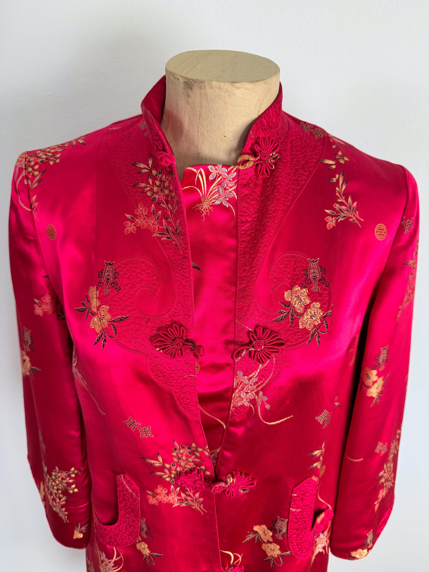 Giacca orientale cinese anni 70 in tessuto jacquard peonia