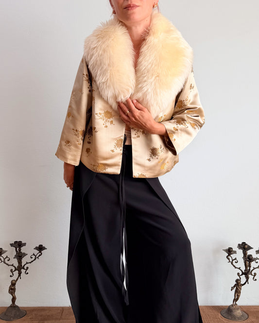 Giacca anni 50 in seta jacquard con collo in pelliccia