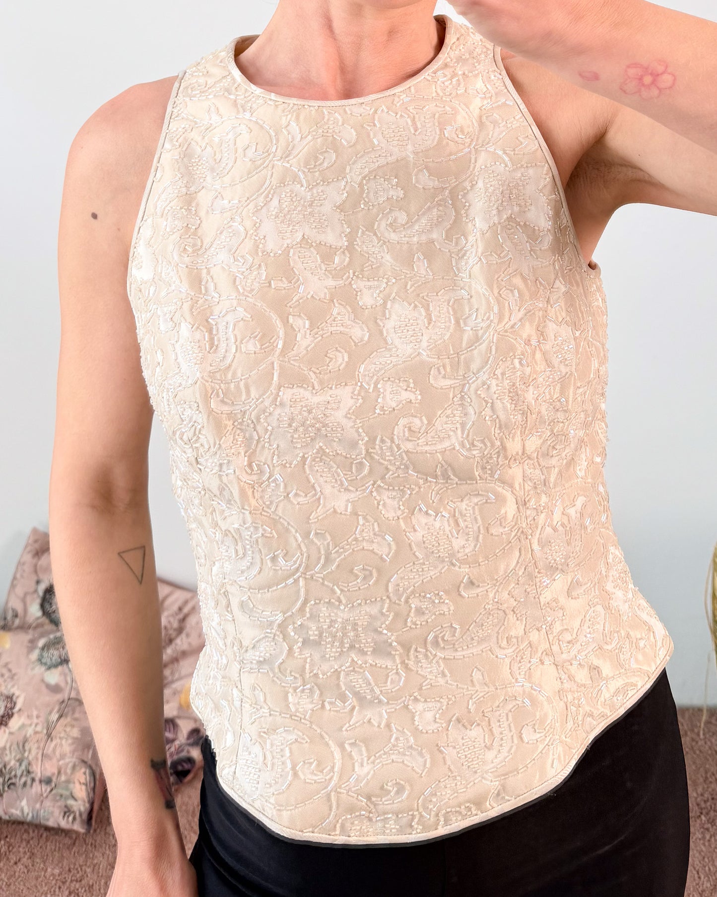 Top a bustino In perline bianco vintage made in Usa