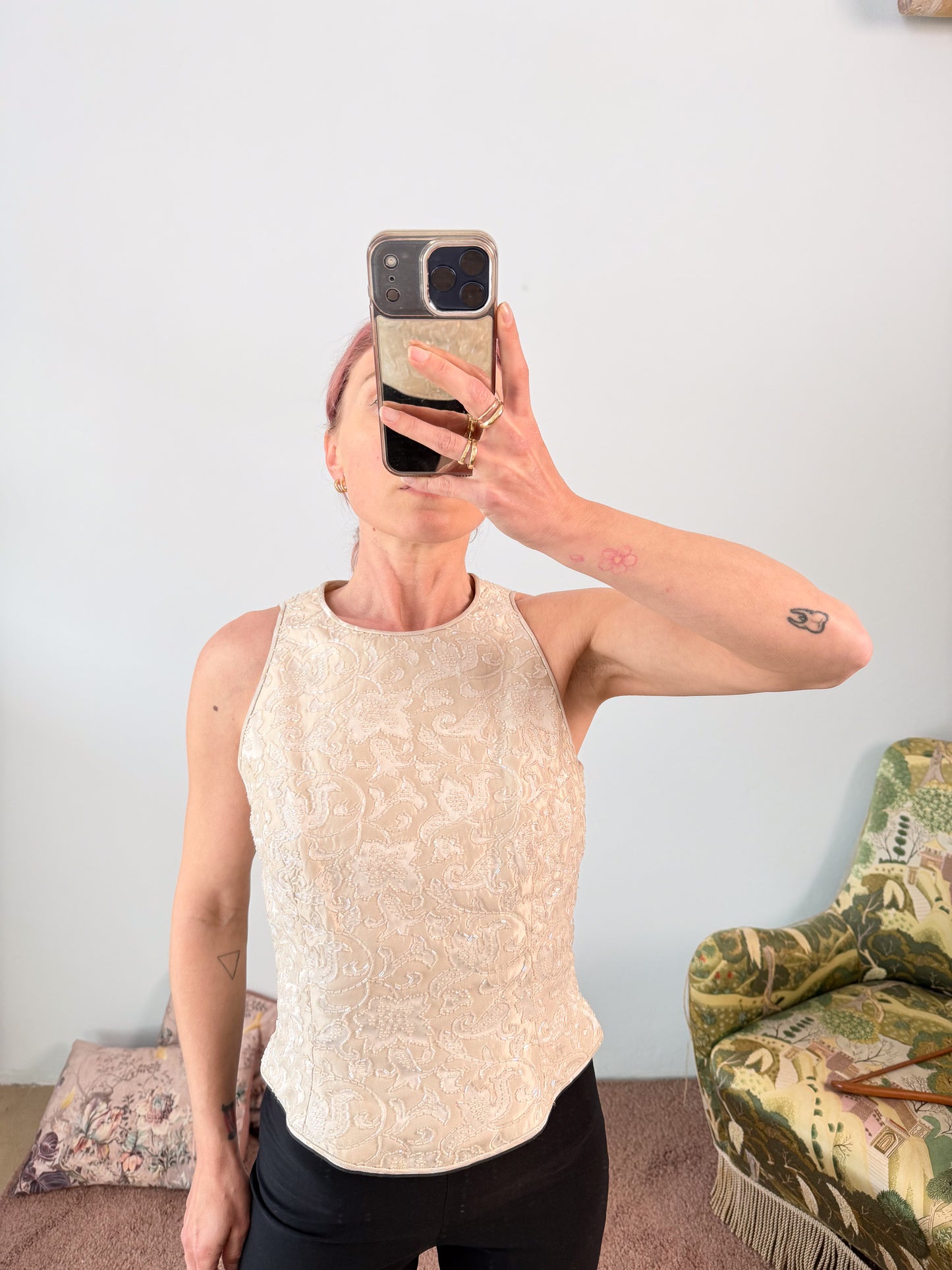 Top a bustino In perline bianco vintage made in Usa