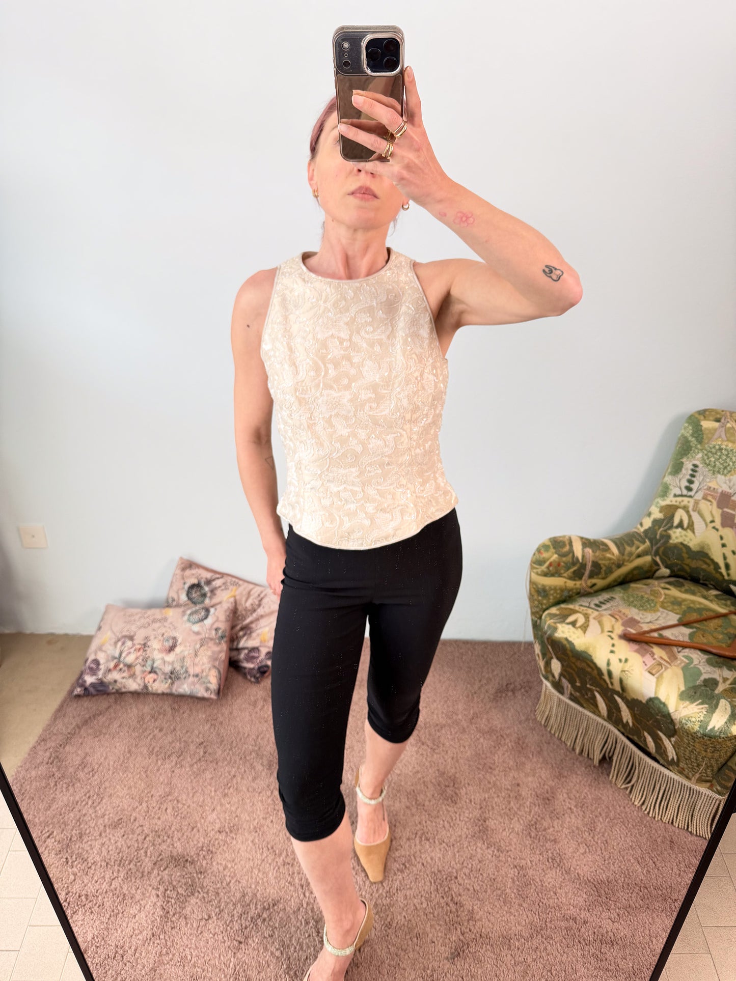 Top a bustino In perline bianco vintage made in Usa