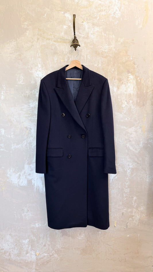 Cappotto in lana maschile lungo doppio petto collo lancia blu navy