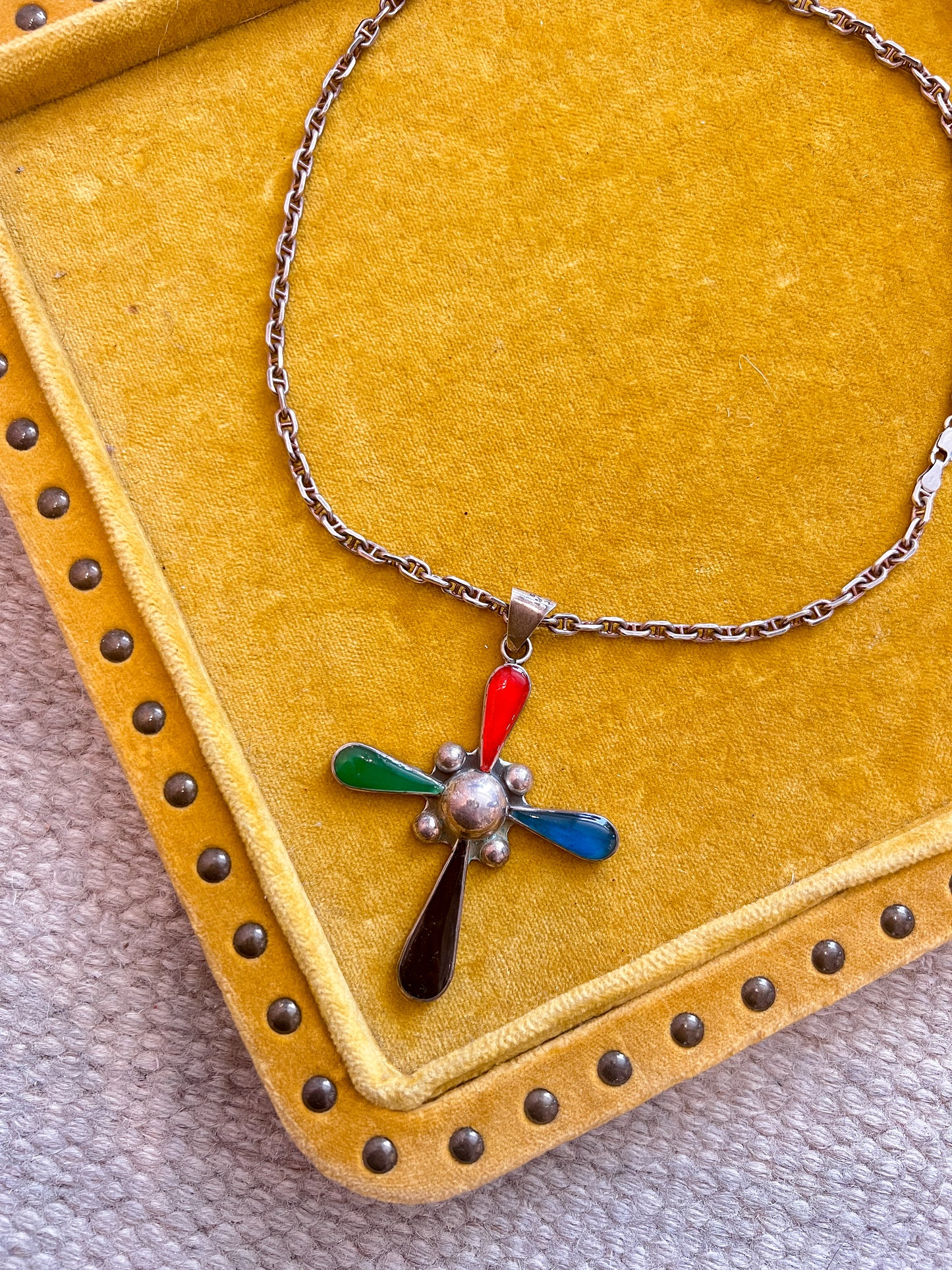 Collana in argento vintage messicana nativi con croce smaltata