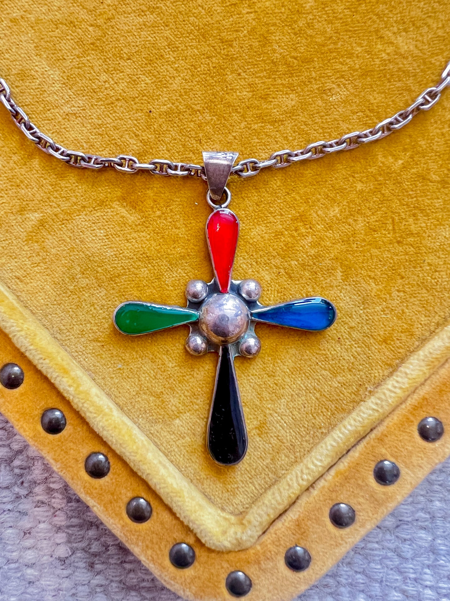 Collana in argento vintage messicana nativi con croce smaltata