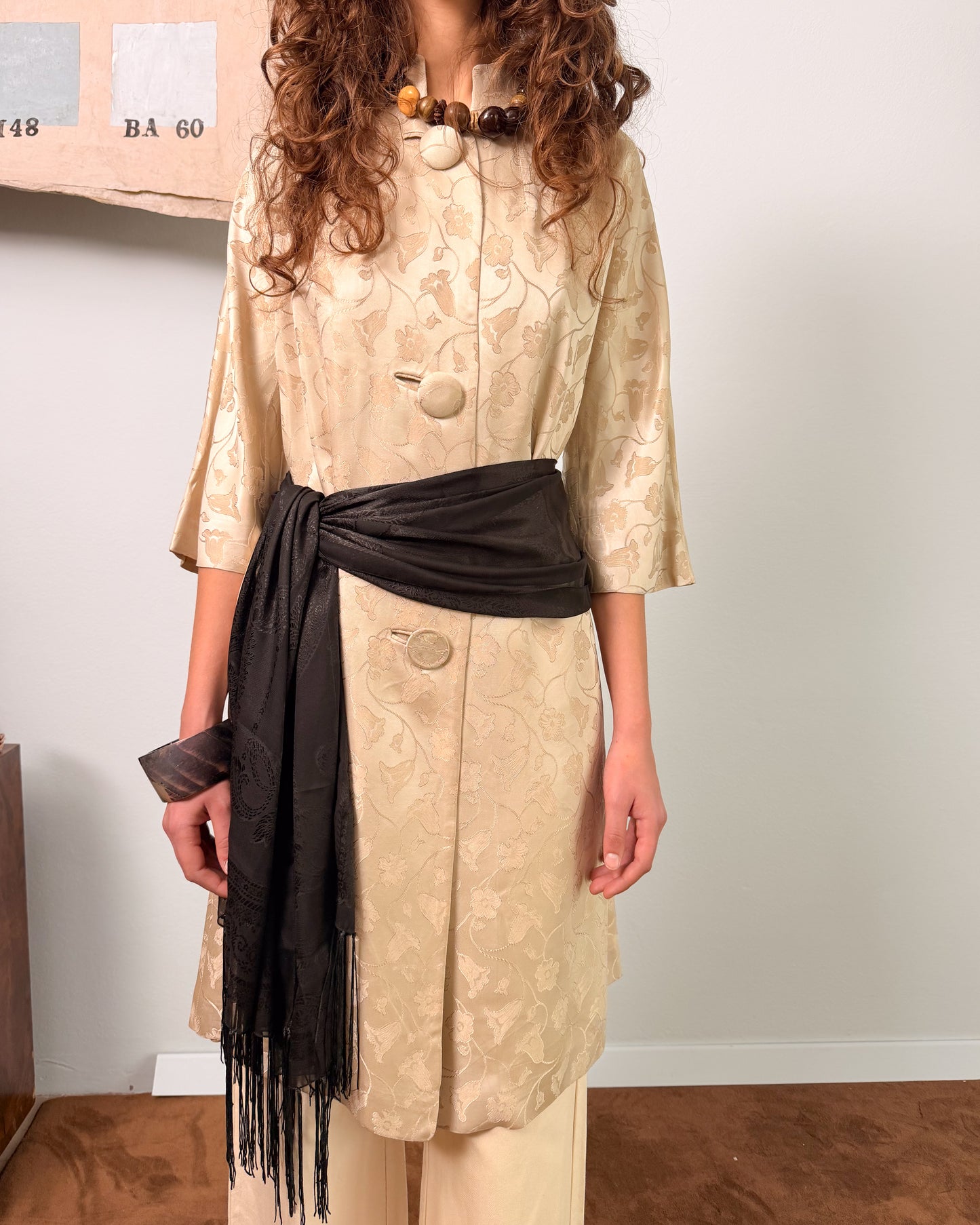 Cappotto Jacquard anni 50 americano avorio con bottoni ricoperti