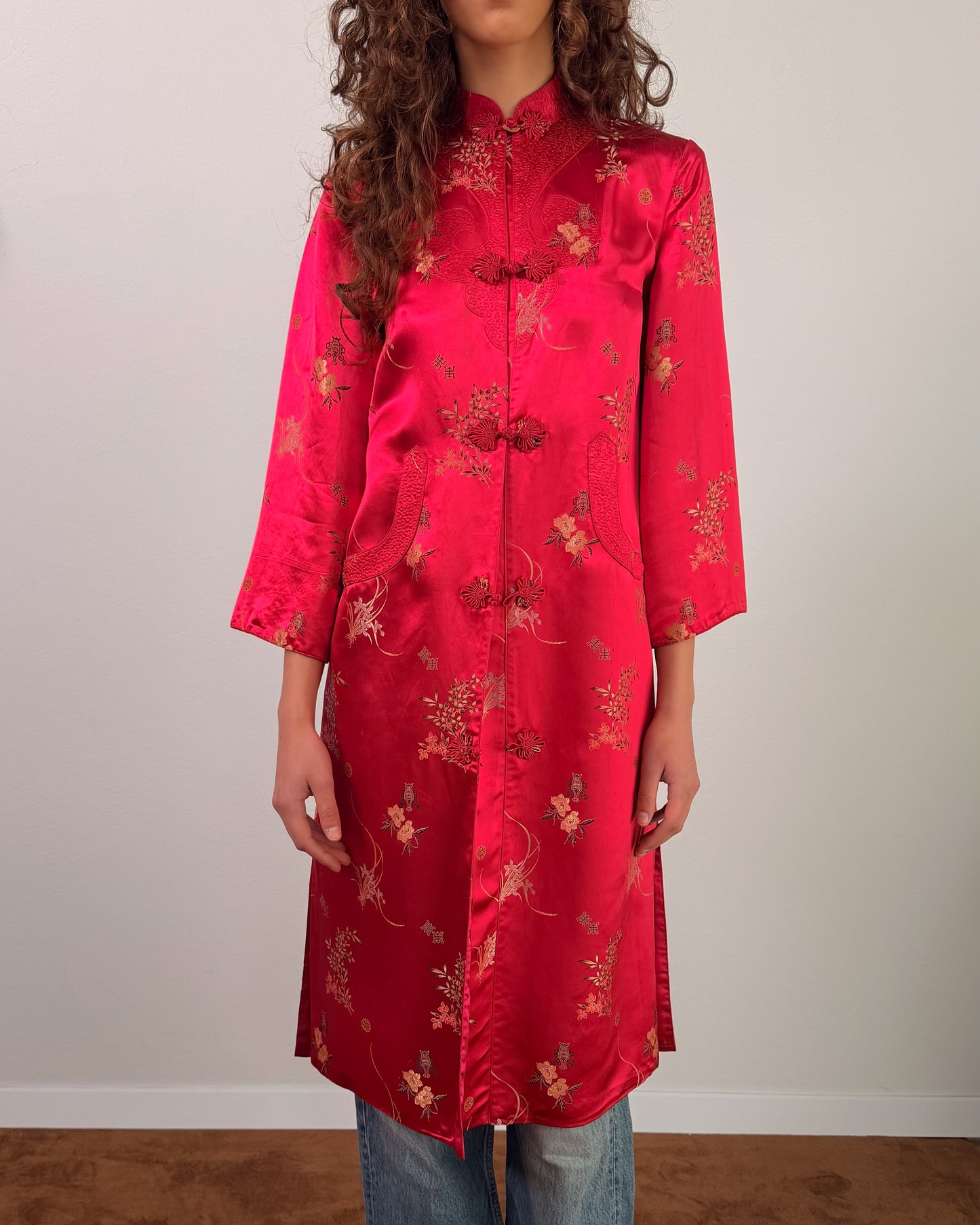 Giacca orientale cinese anni 70 in tessuto jacquard peonia