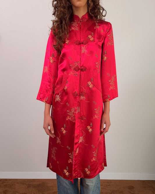 Giacca orientale cinese anni 70 in tessuto jacquard peonia