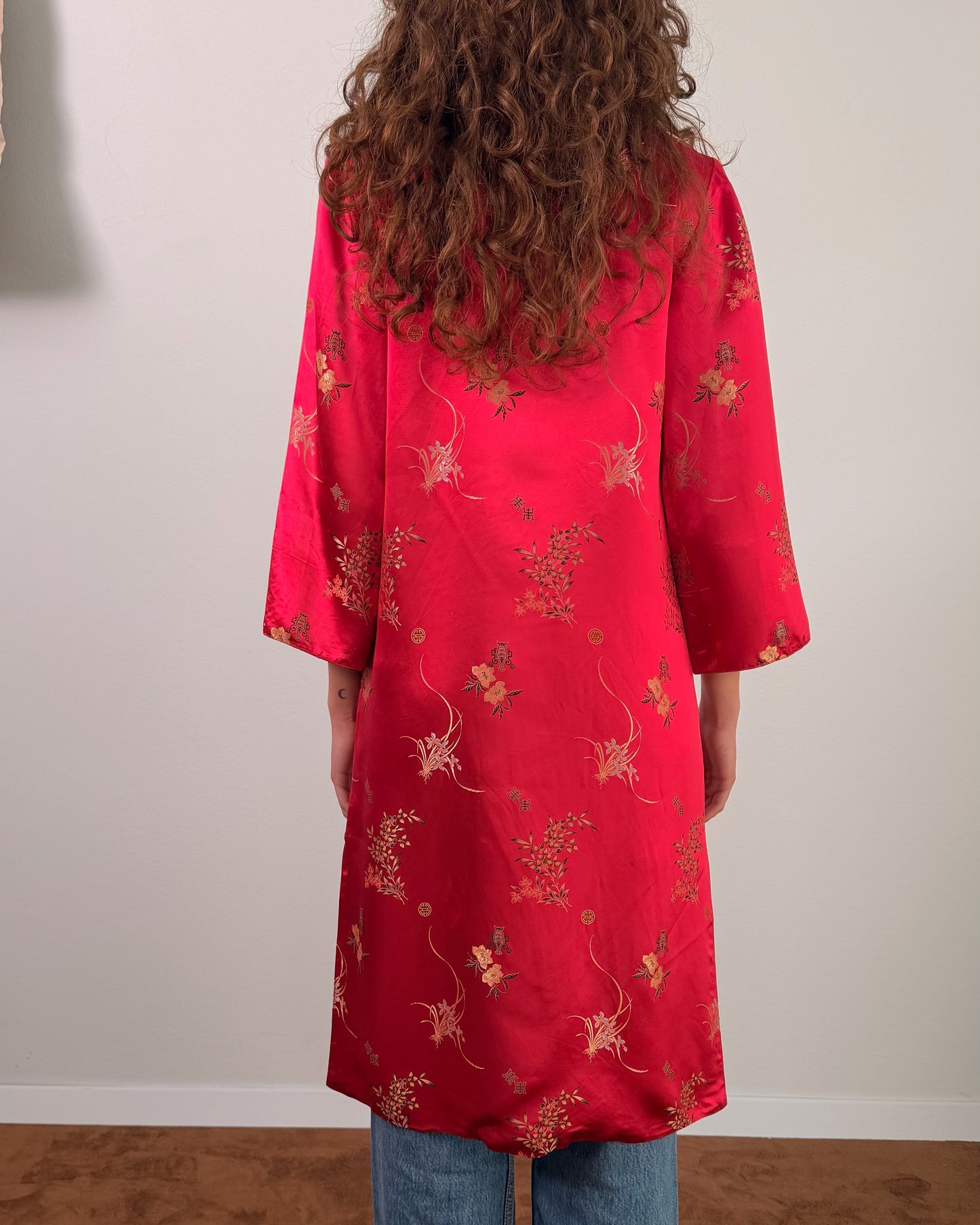 Giacca orientale cinese anni 70 in tessuto jacquard peonia