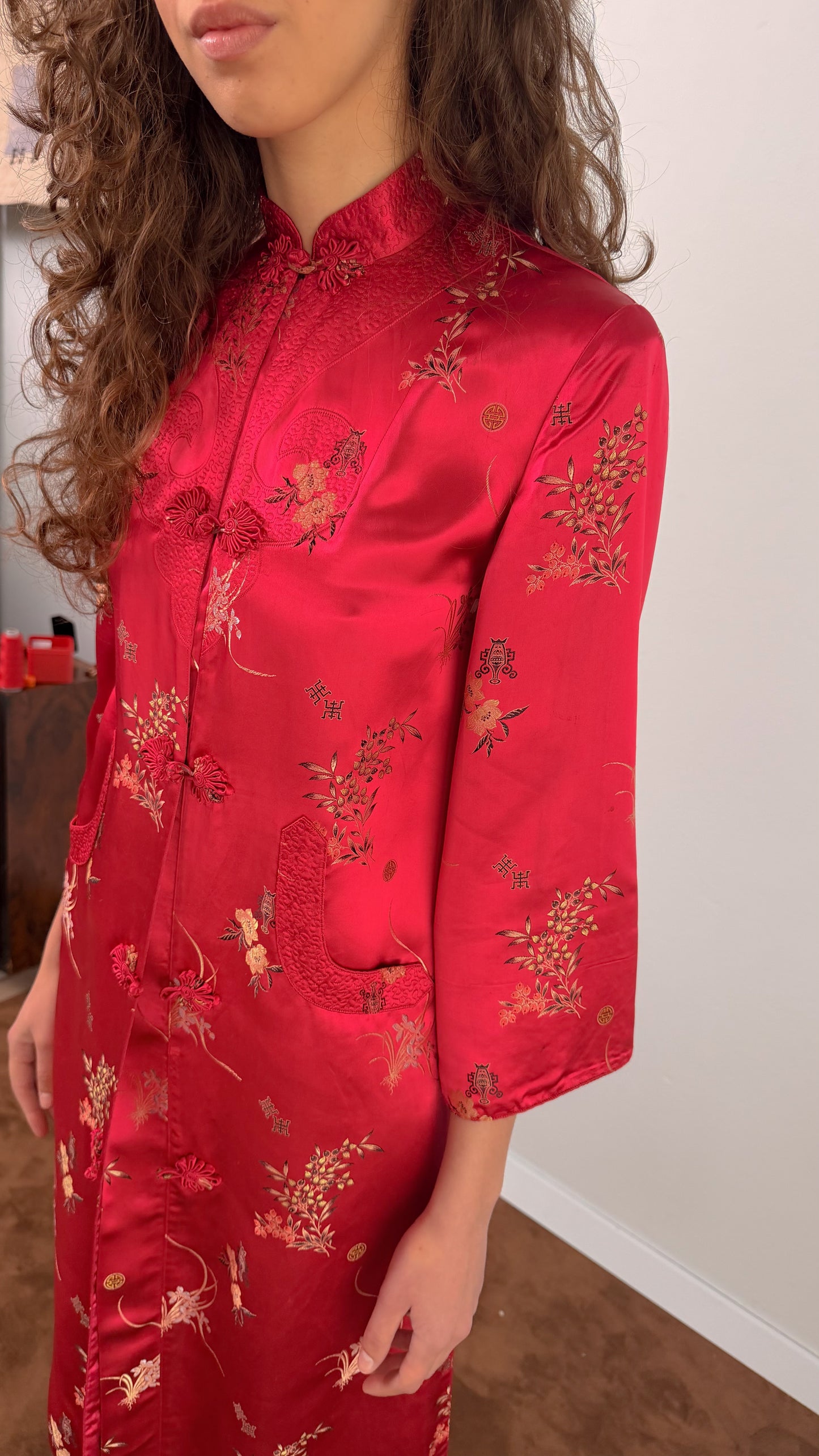 Giacca orientale cinese anni 70 in tessuto jacquard peonia