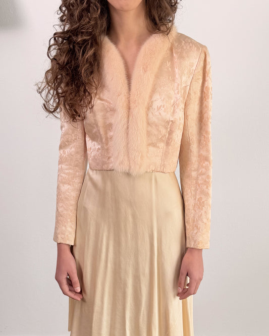 Giacca anni 50 americana in seta jacquard e pelliccia