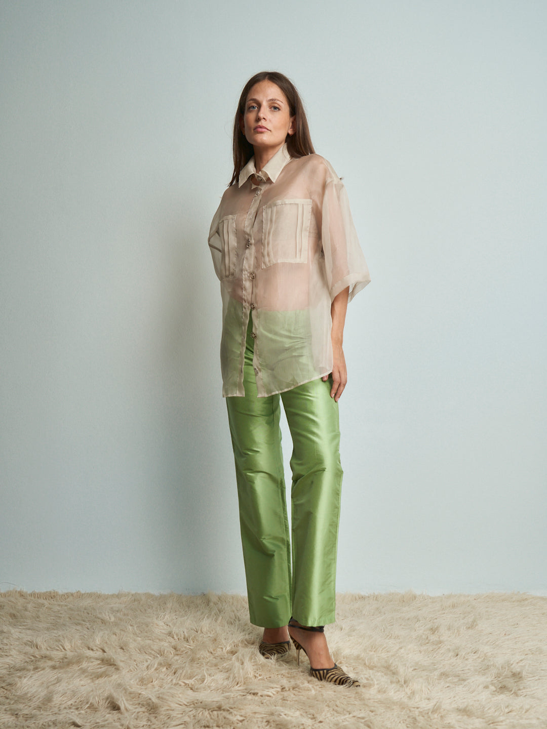Pantaloni in shantung di seta verdi