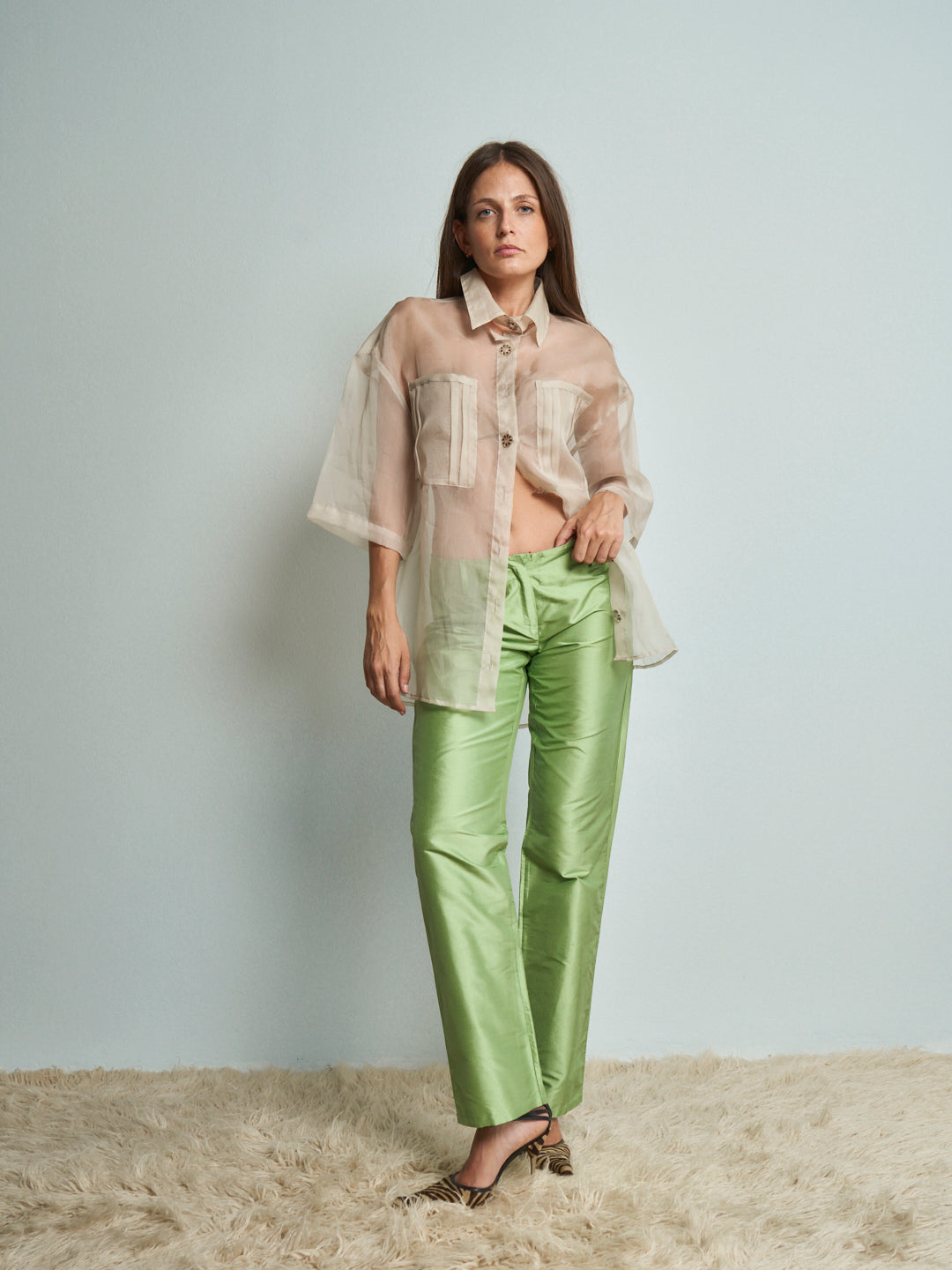Pantaloni in shantung di seta verdi