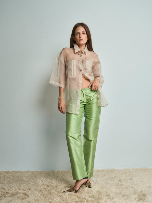 Pantaloni in shantung di seta verdi