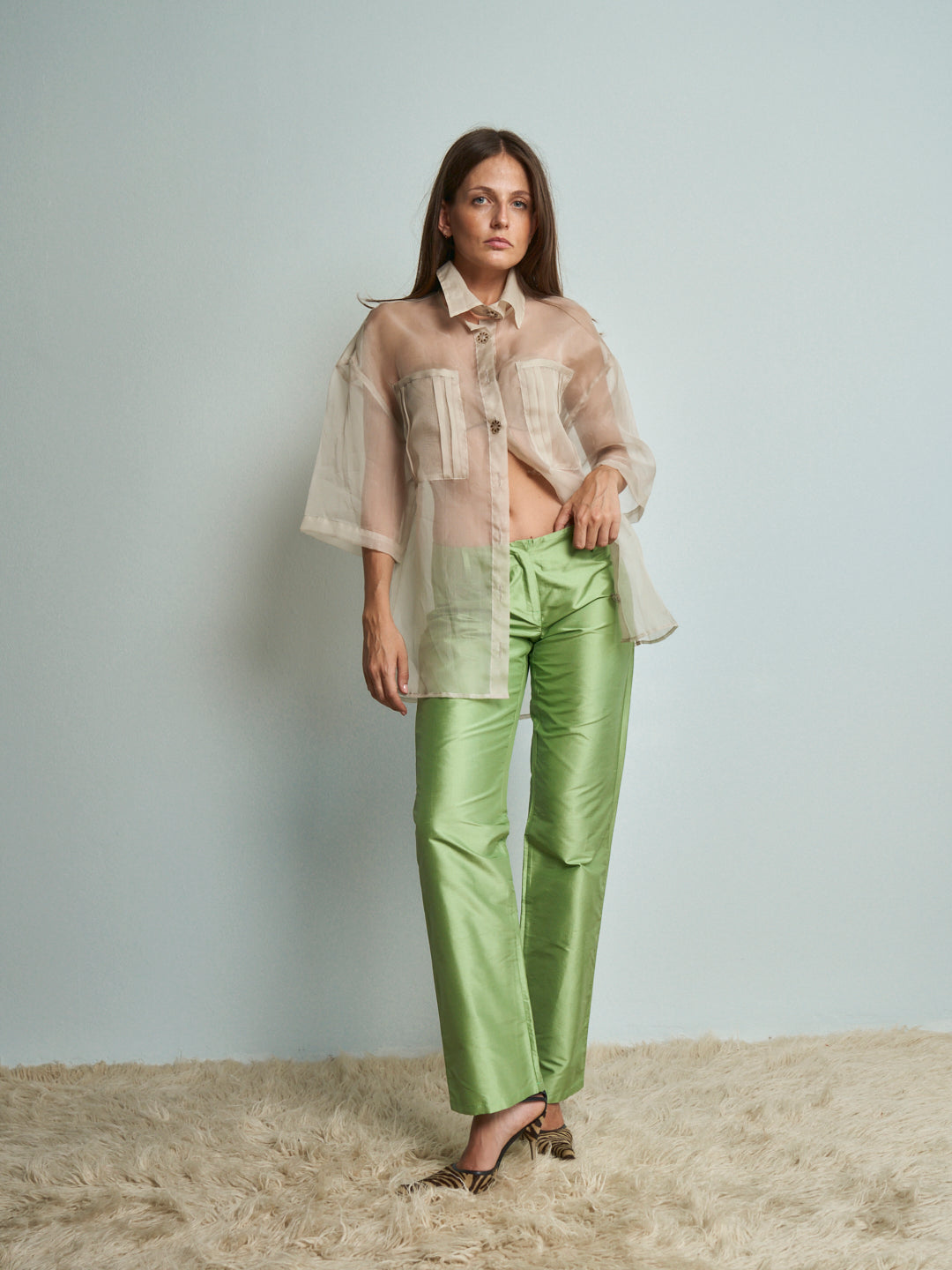 Pantaloni in shantung di seta verdi