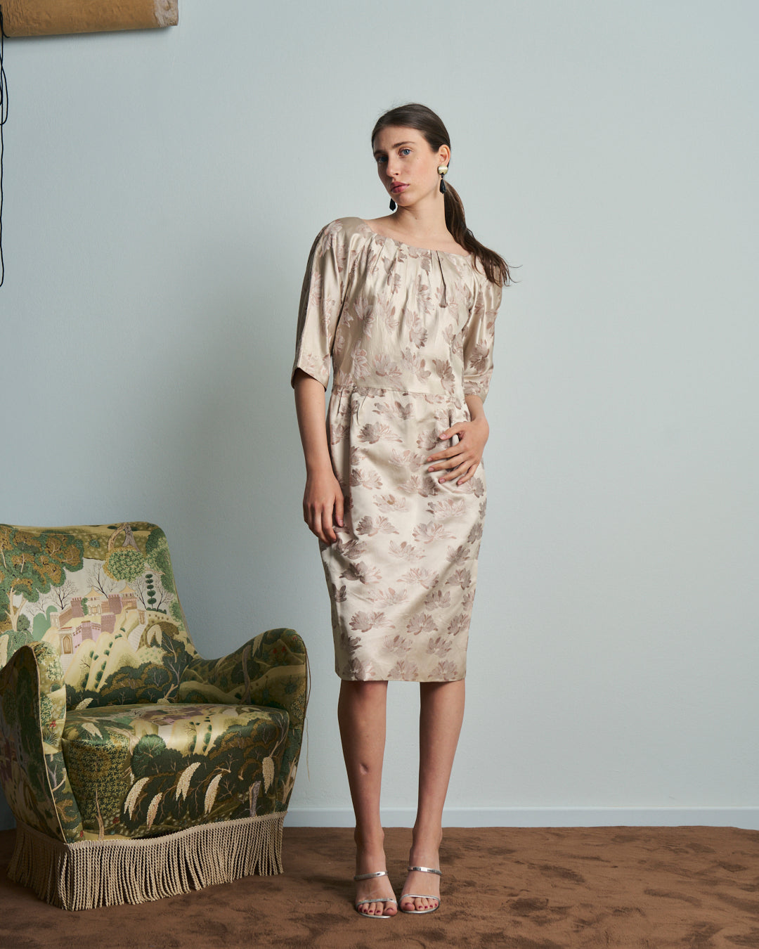 Abito anni 60 autentico in jacquard di seta.