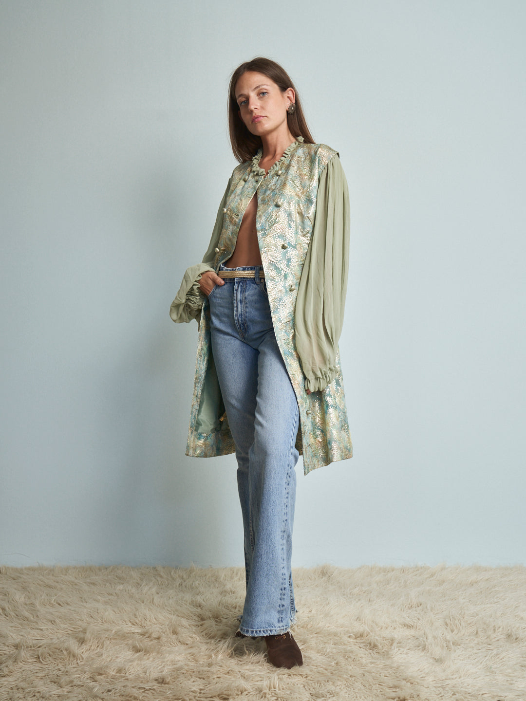 Abito anni 60 lurex broccato e seta verde salvia azzurro e oro