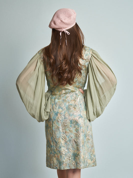 Abito anni 60 lurex broccato e seta verde salvia azzurro e oro