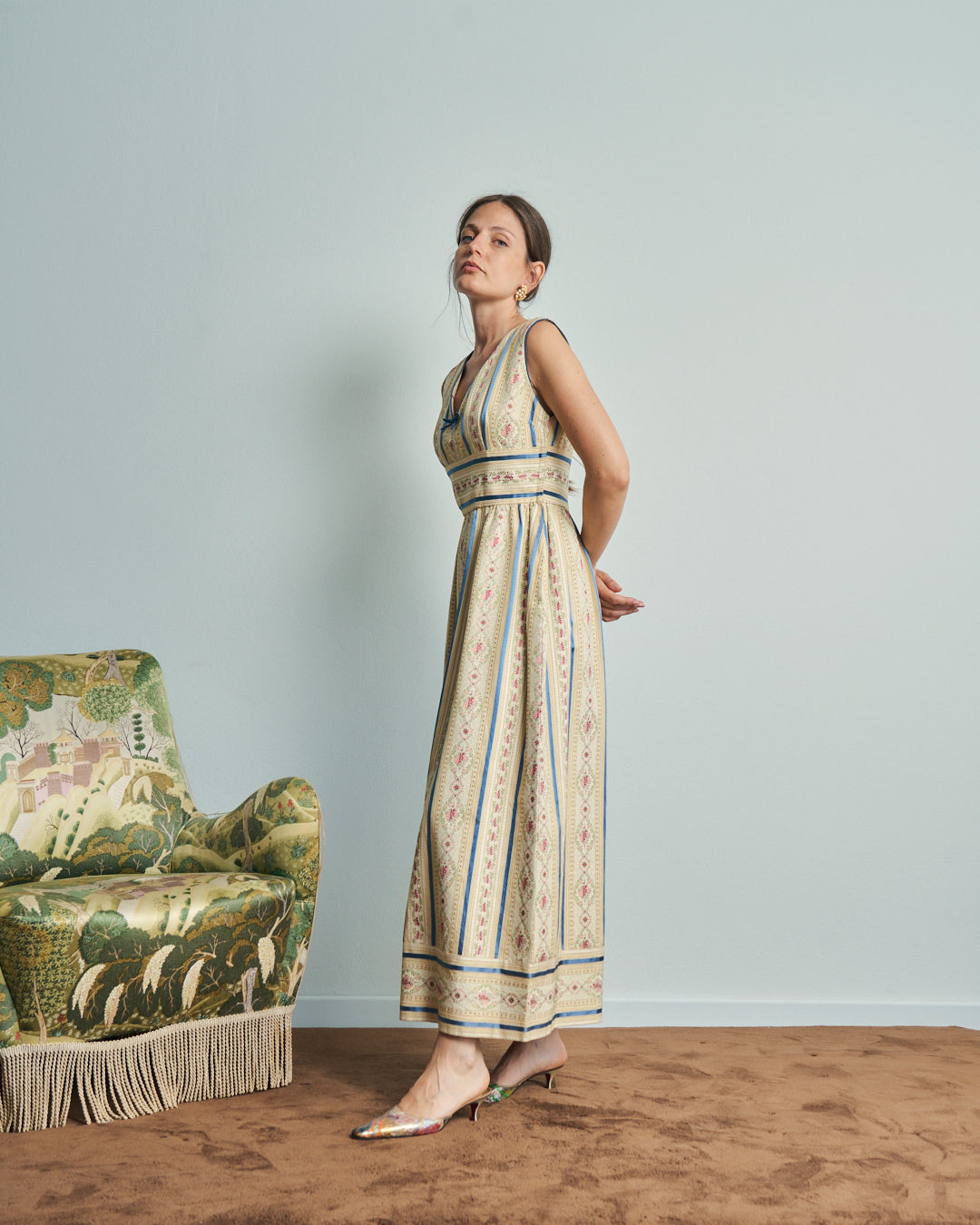 Abito vintage in tessuto jacquard tapestry romantico