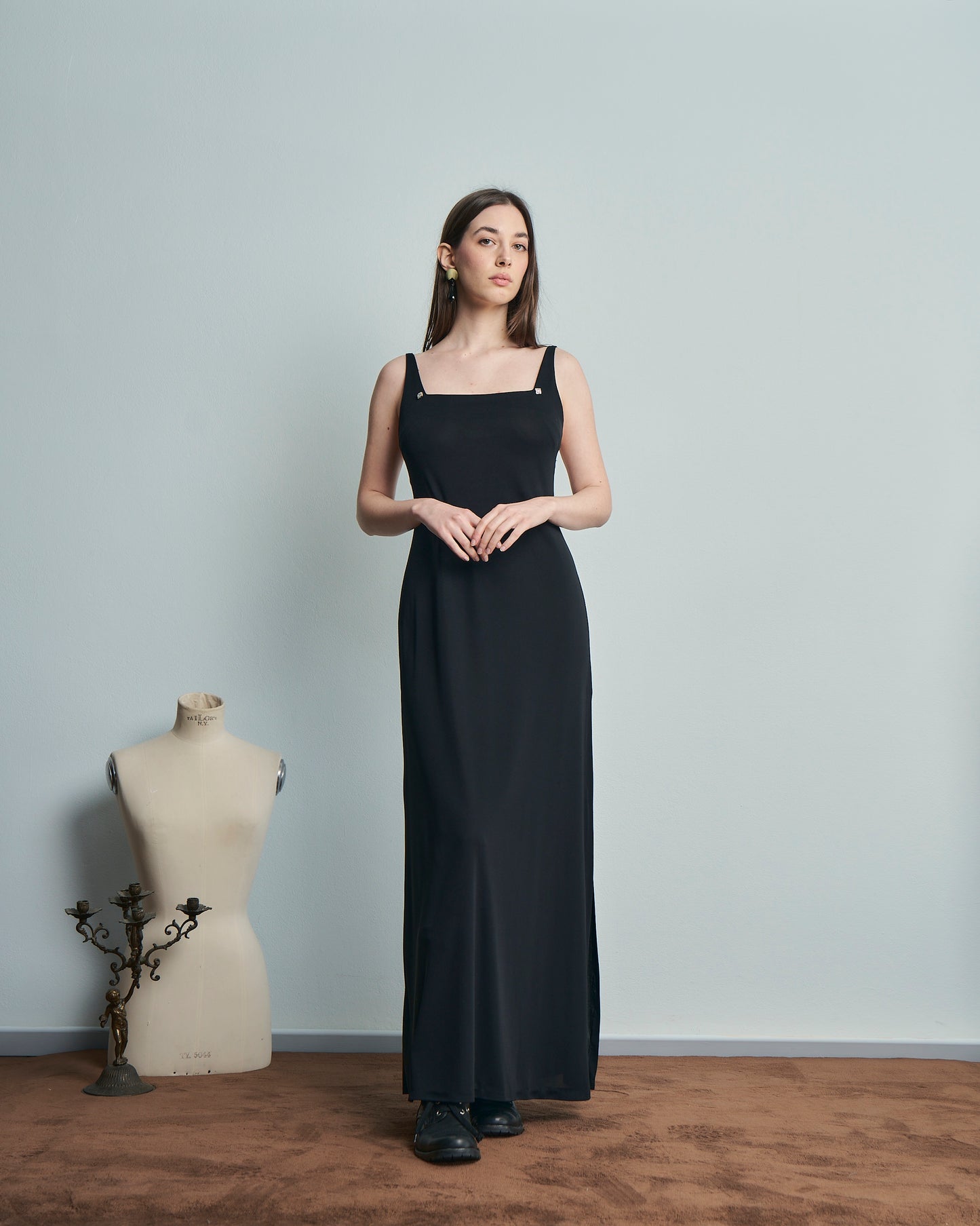 Abito lungo con spacco in jersey crepe anni 90 scollatura sulla schiena