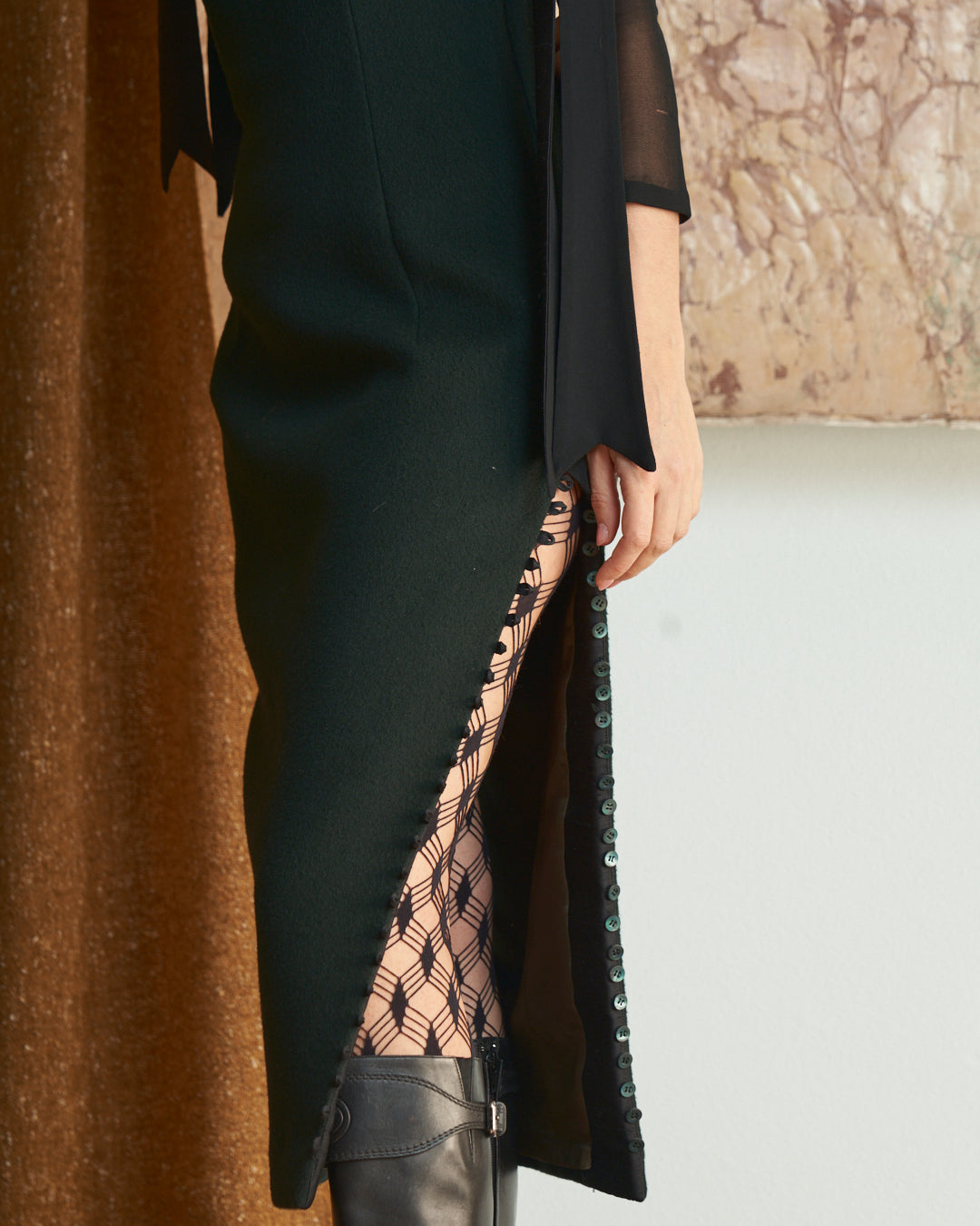 Abito Antonio Berardi fw 1998 con spacco laterale e maniche in tulle e fiocchi