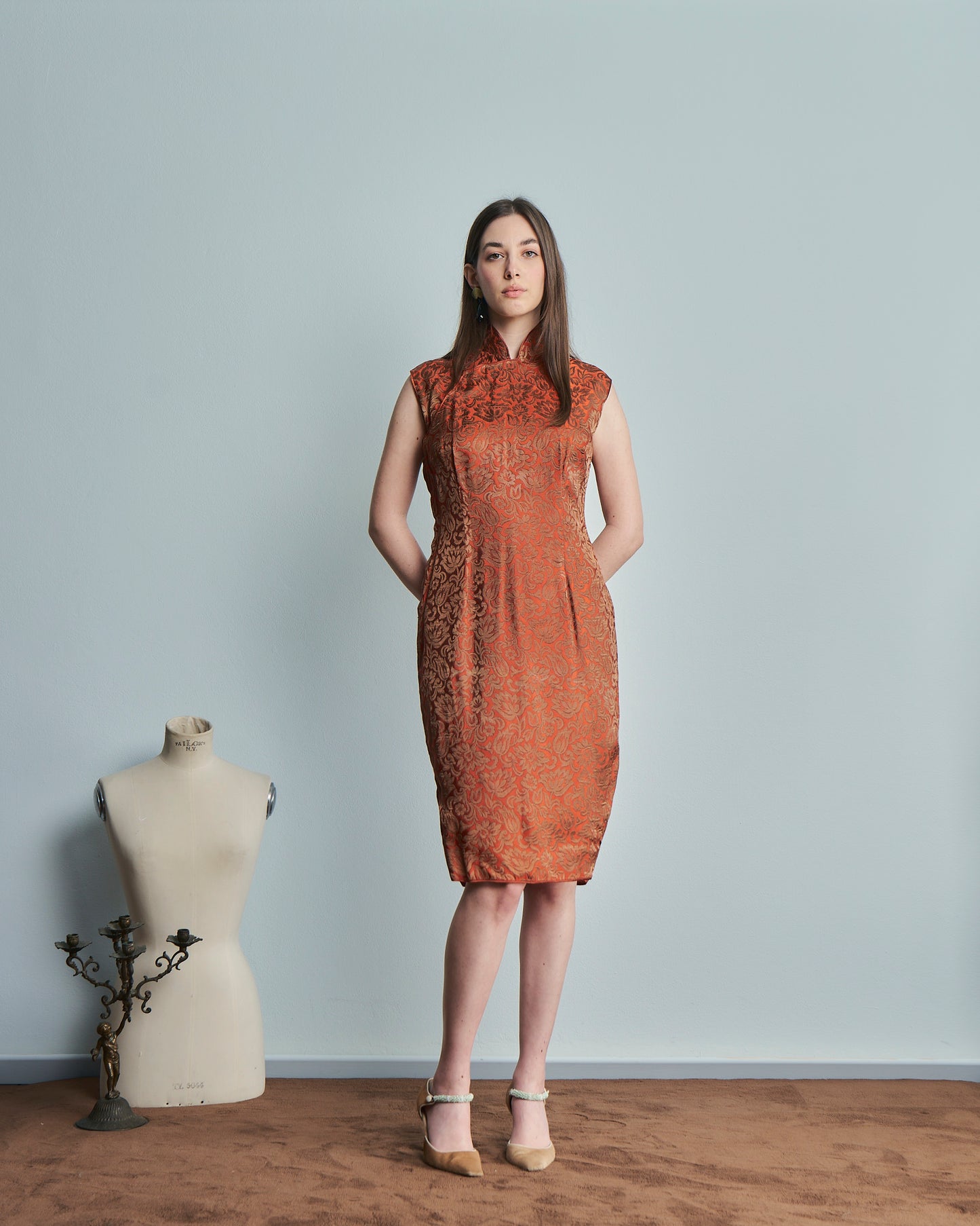 Abito taglio orientale anni 70 Jacquard in seta, foderato in seta