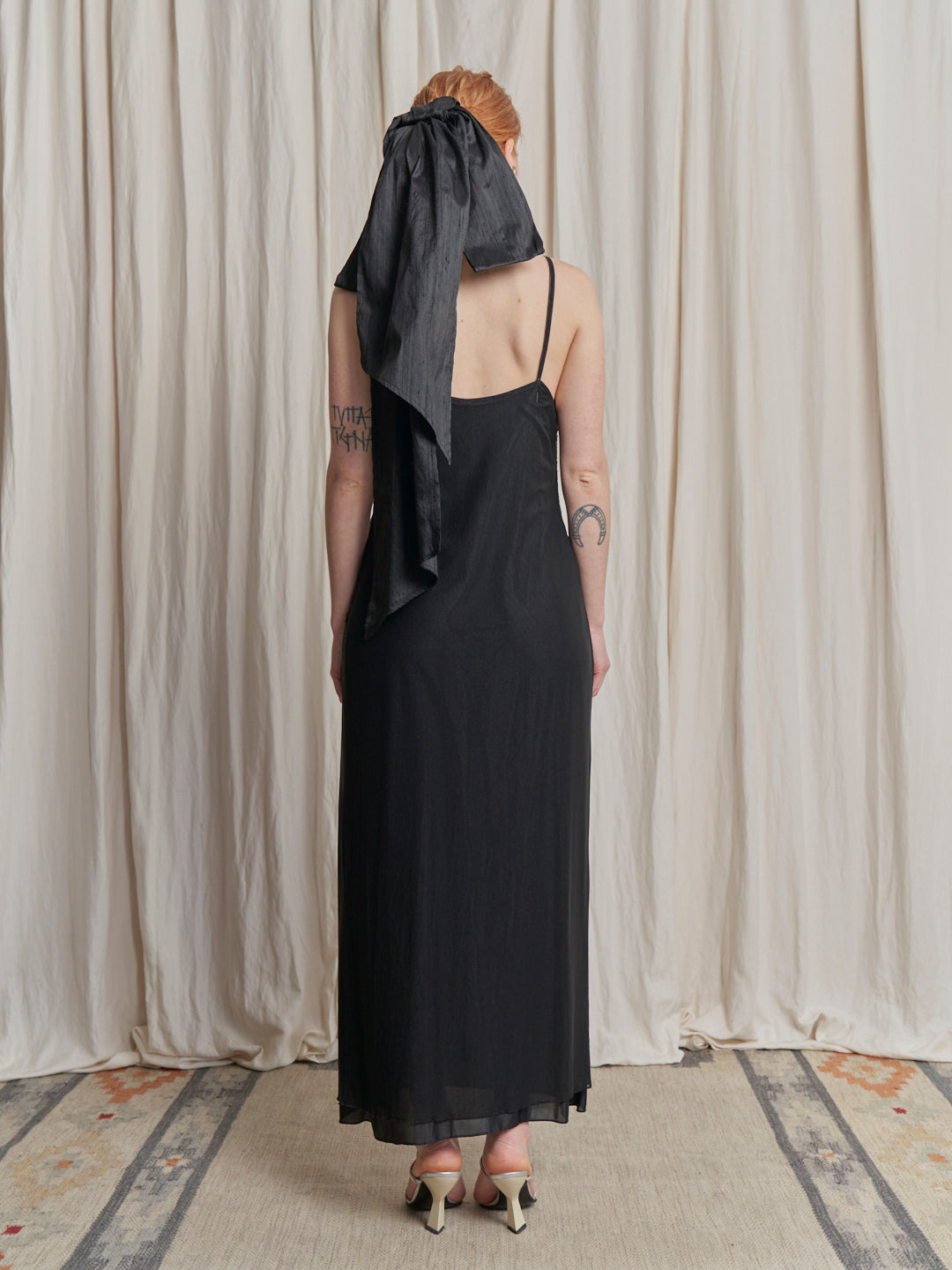 Abito spalline sottili D&G nero lungo con ricami paillettes in tulle foderato