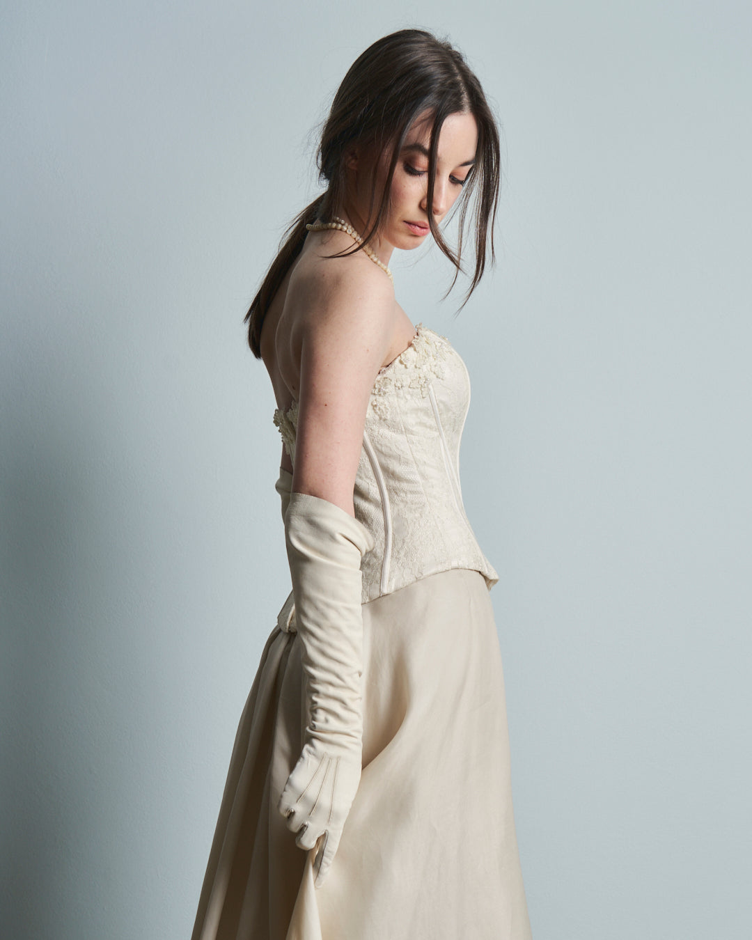 Abito da sposa con Bustino in pizzo steccato e gonna in pura seta organza anni 90
