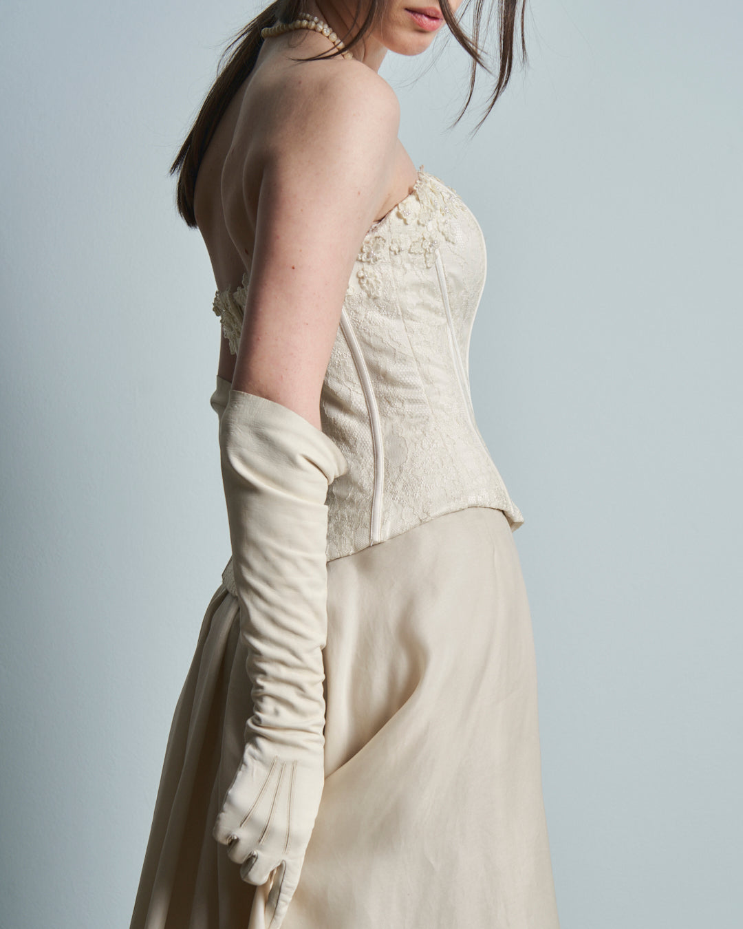 Abito da sposa con Bustino in pizzo steccato e gonna in pura seta organza anni 90
