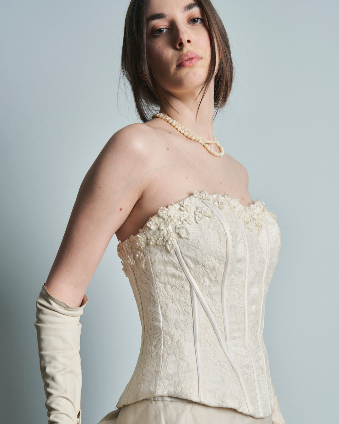 Abito da sposa con Bustino in pizzo steccato e gonna in pura seta organza anni 90