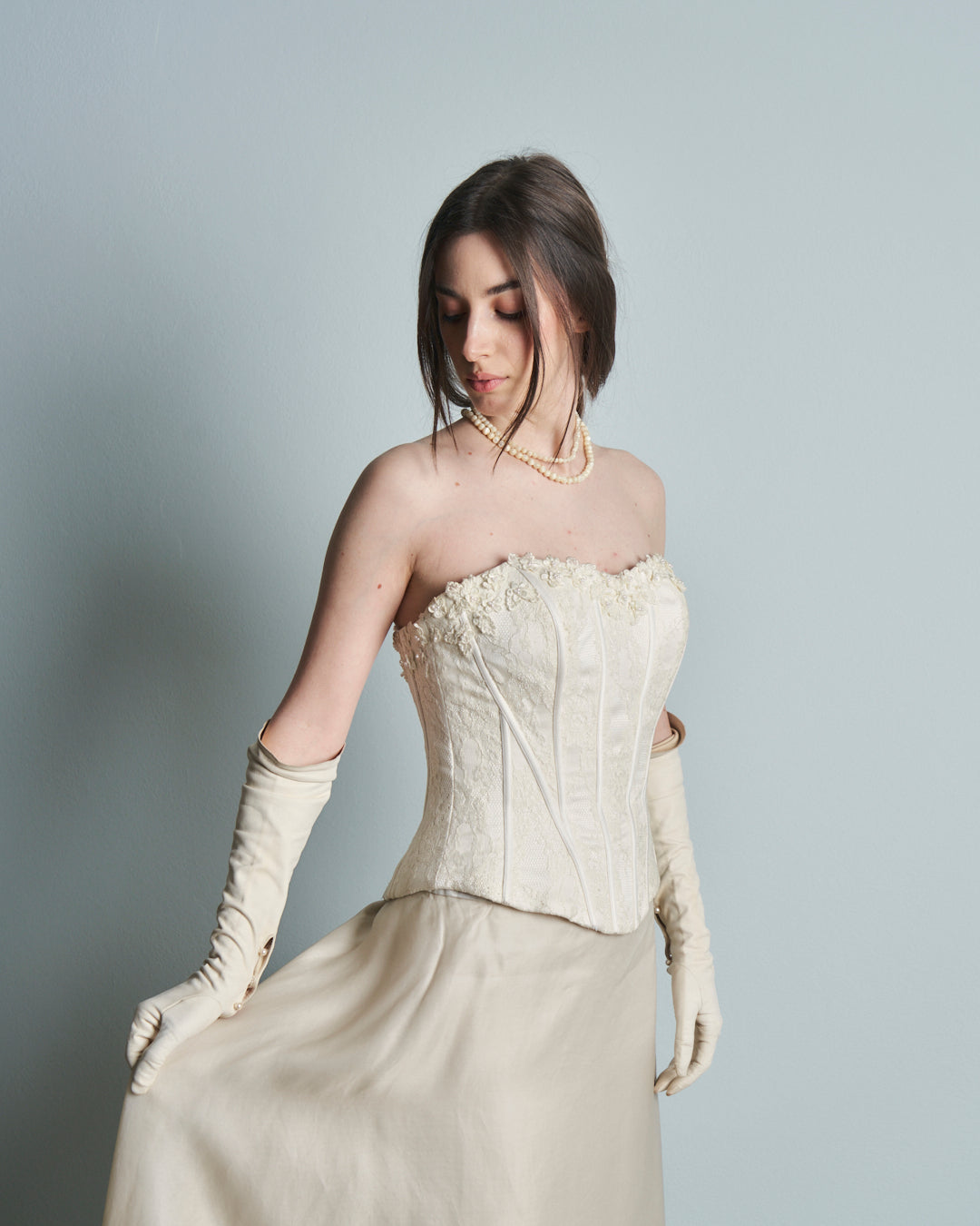 Abito da sposa con Bustino in pizzo steccato e gonna in pura seta organza anni 90