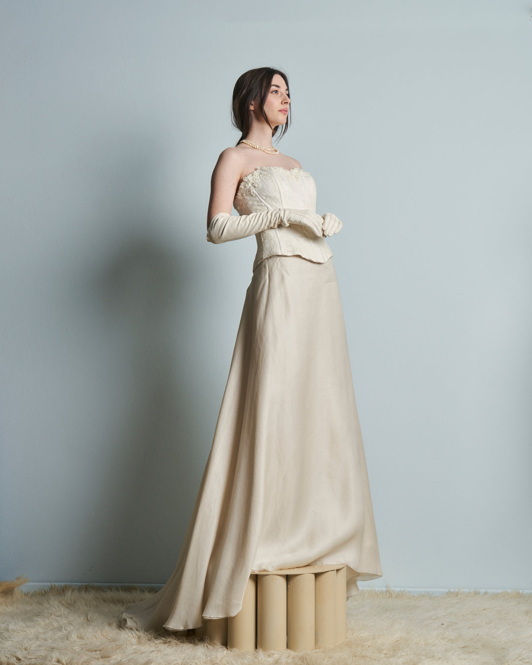 Abito da sposa con Bustino in pizzo steccato e gonna in pura seta organza anni 90