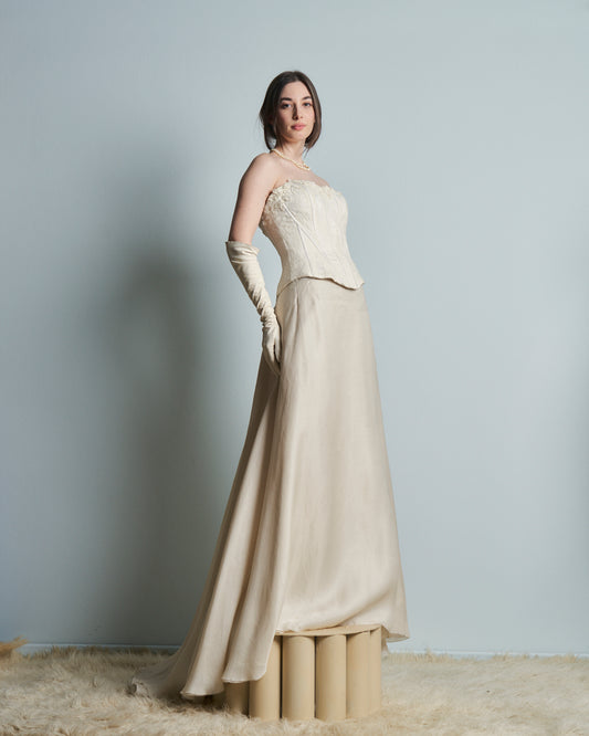 Abito da sposa con Bustino in pizzo steccato e gonna in pura seta organza anni 90