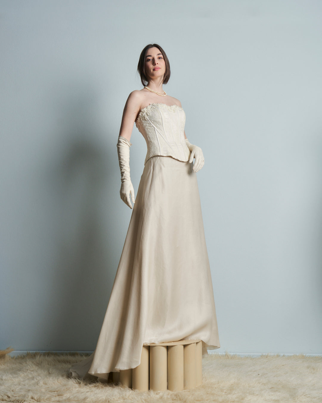 Abito da sposa con Bustino in pizzo steccato e gonna in pura seta organza anni 90