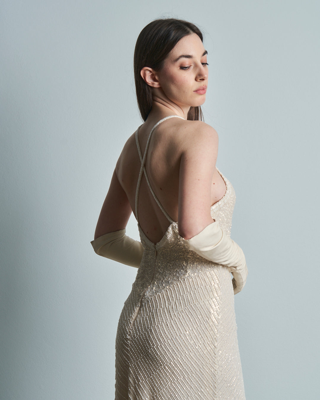 Abito da sposa o da sera in seta ricamata a paillettes e perline anni 90