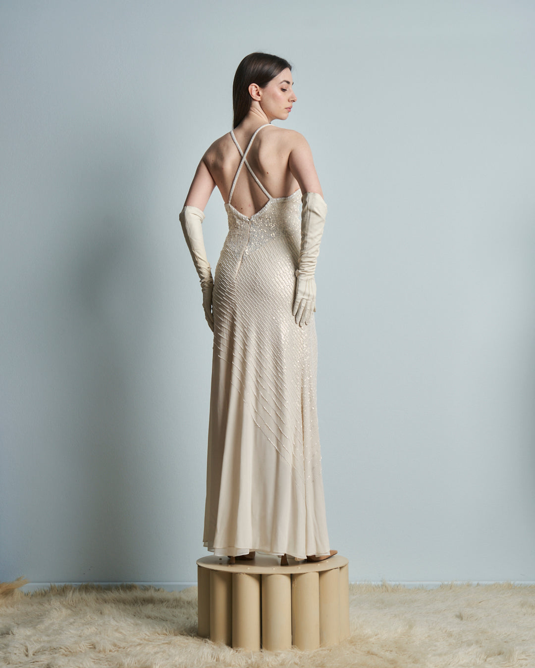 Abito da sposa o da sera in seta ricamata a paillettes e perline anni 90