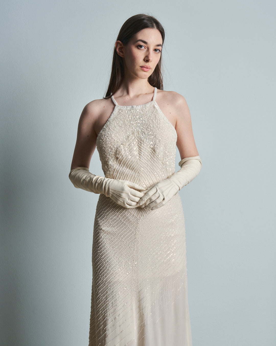Abito da sposa o da sera in seta ricamata a paillettes e perline anni 90