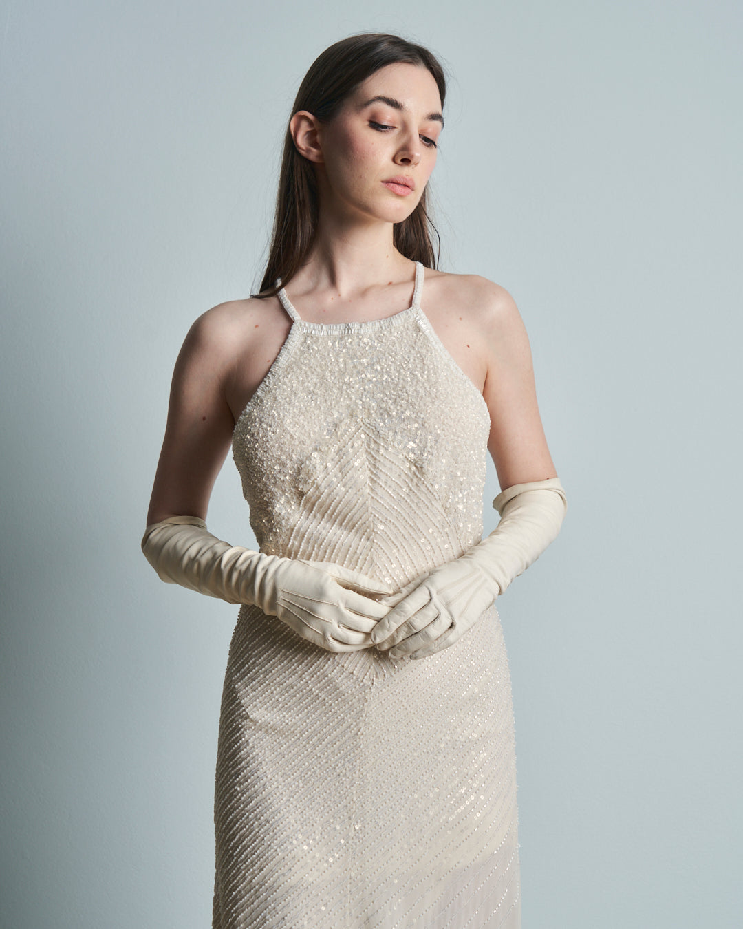 Abito da sposa o da sera in seta ricamata a paillettes e perline anni 90