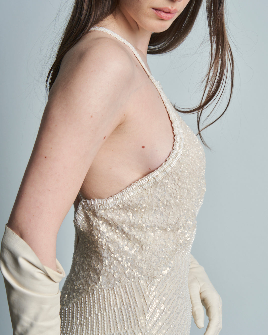 Abito da sposa o da sera in seta ricamata a paillettes e perline anni 90