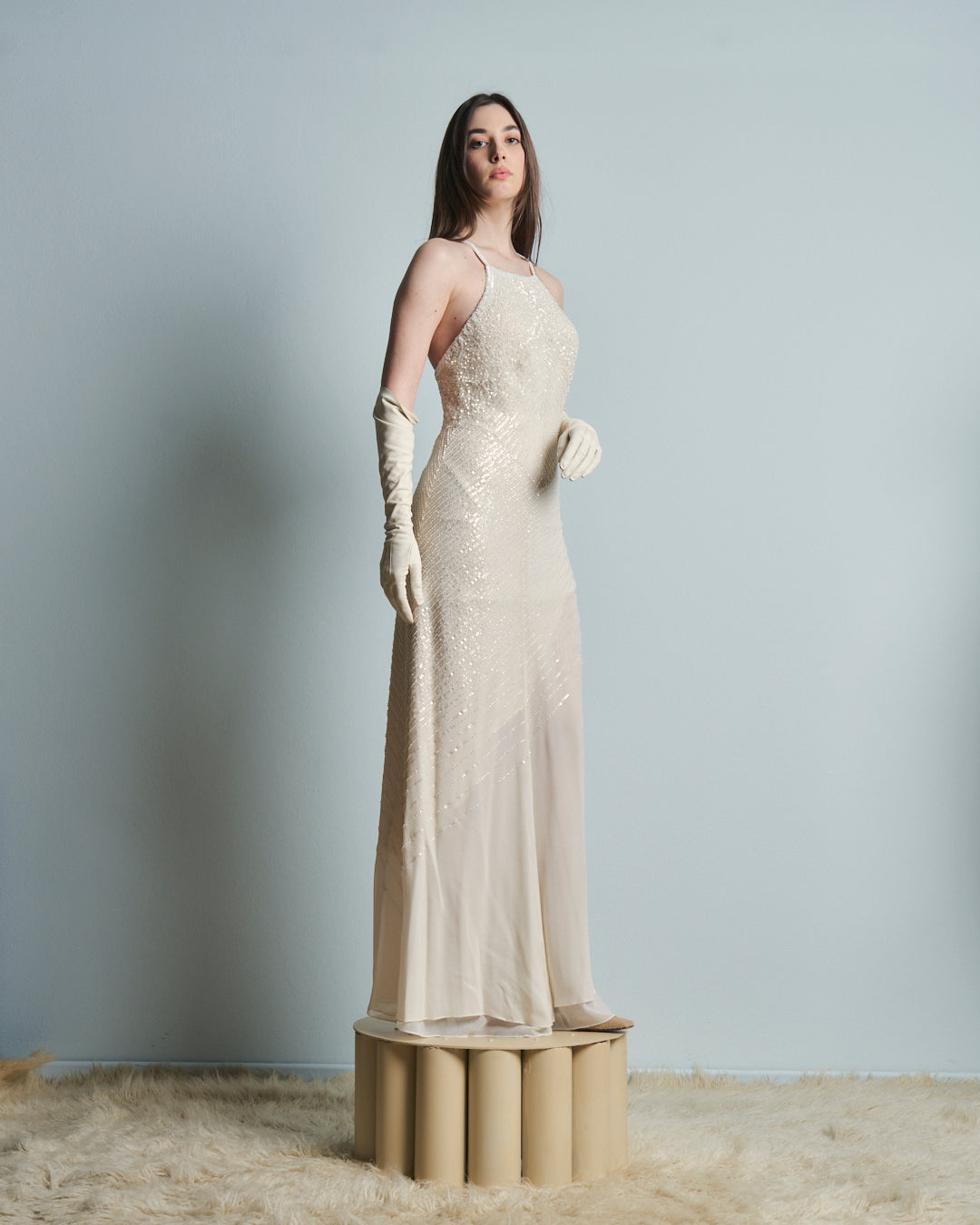 Abito da sposa o da sera in seta ricamata a paillettes e perline anni 90