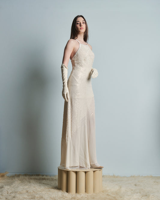 Abito da sposa o da sera in seta ricamata a paillettes e perline anni 90