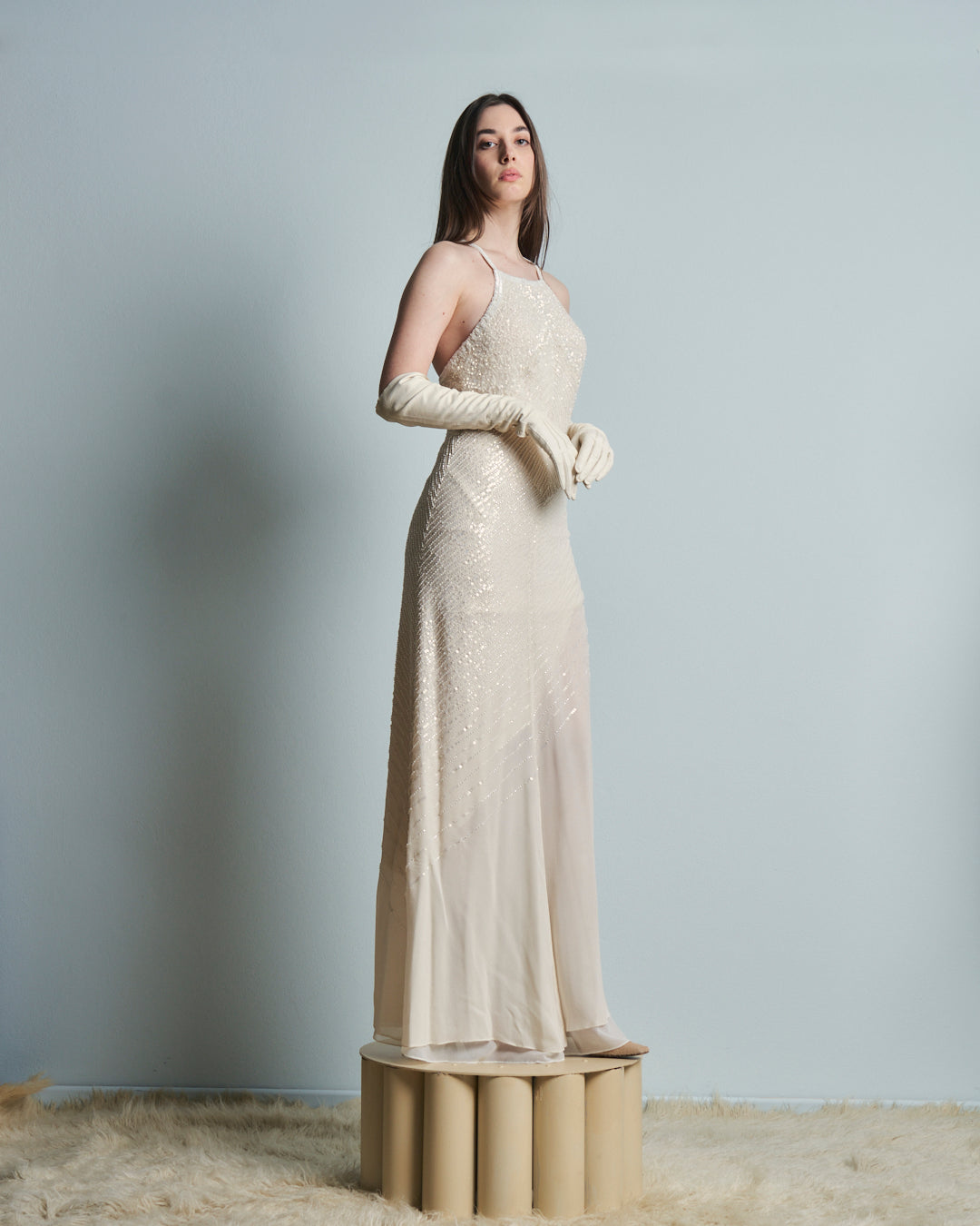Abito da sposa o da sera in seta ricamata a paillettes e perline anni 90