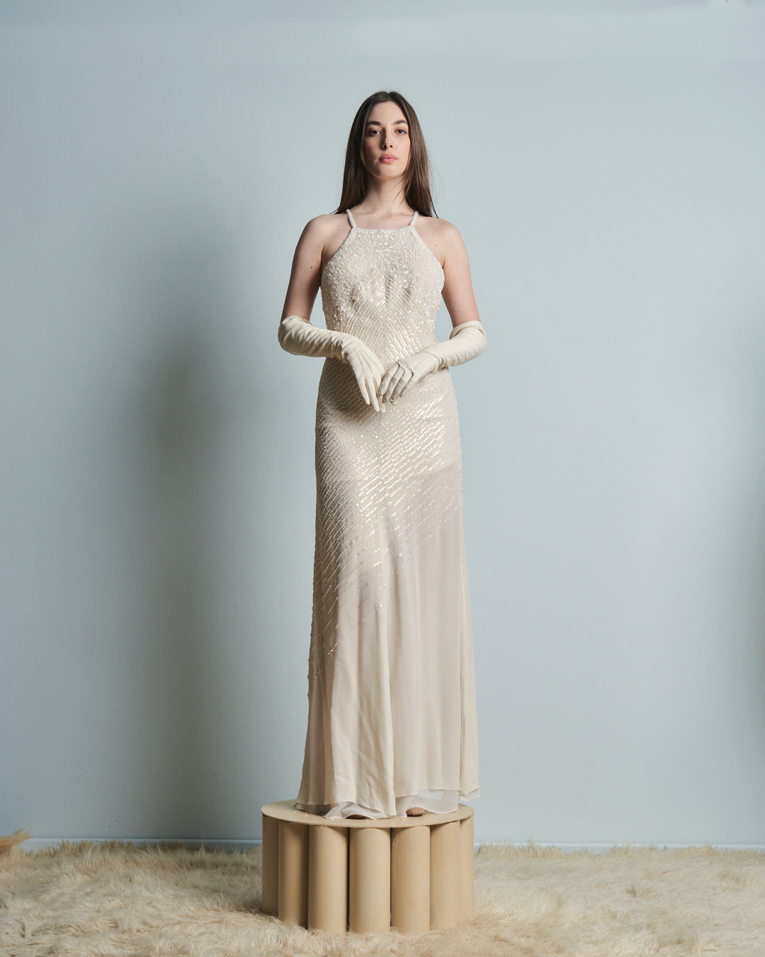 Abito da sposa o da sera in seta ricamata a paillettes e perline anni 90