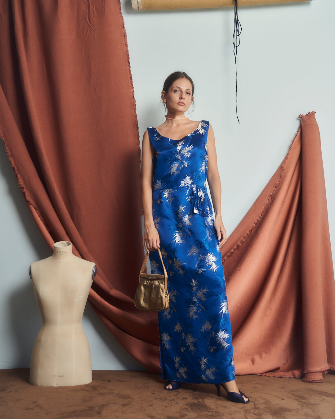 Abito chinoiserie anni 50 in pura seta Jacquard