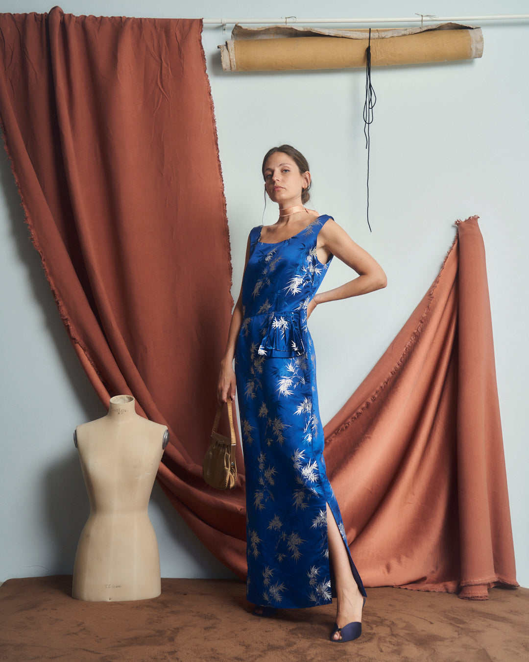Abito chinoiserie anni 50 in pura seta Jacquard