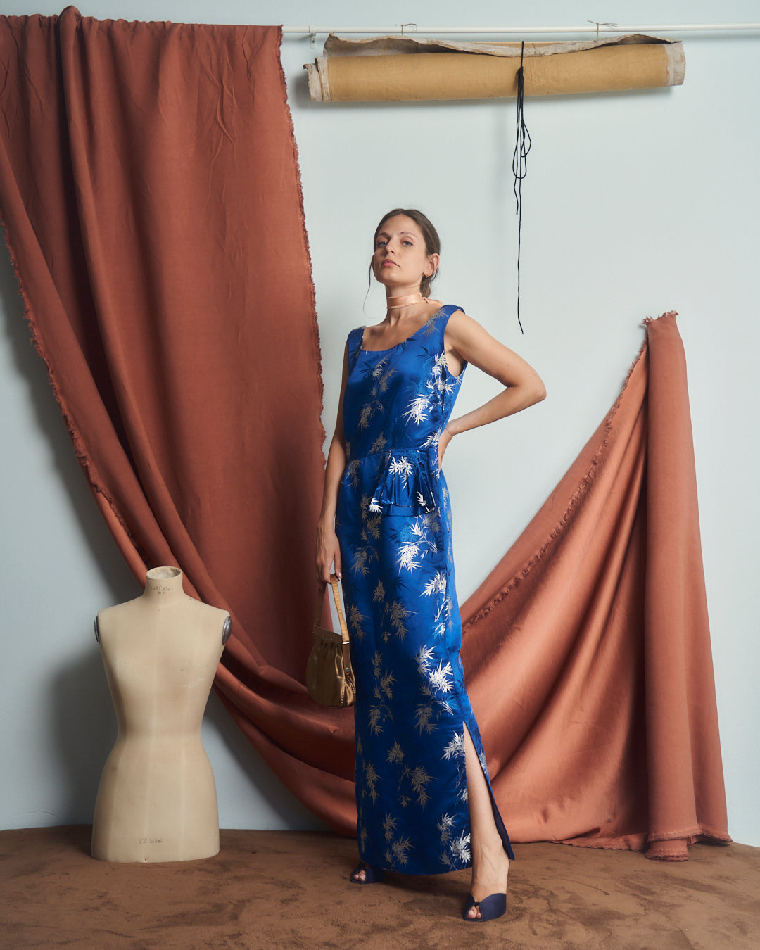 Abito chinoiserie anni 50 in pura seta Jacquard