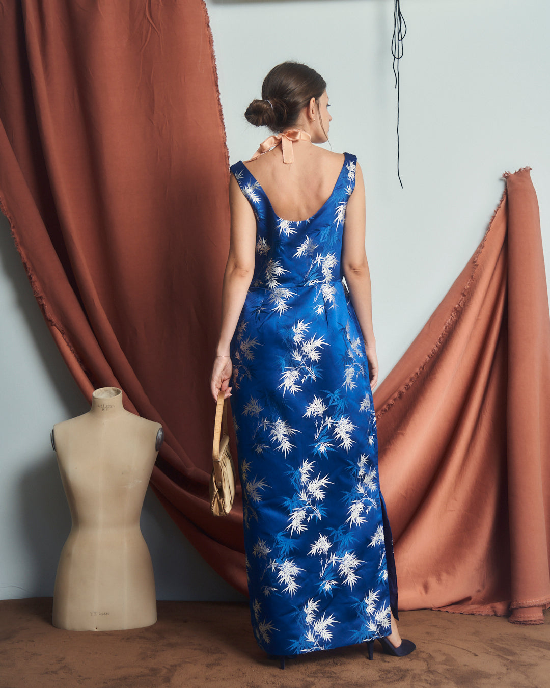 Abito chinoiserie anni 50 in pura seta Jacquard