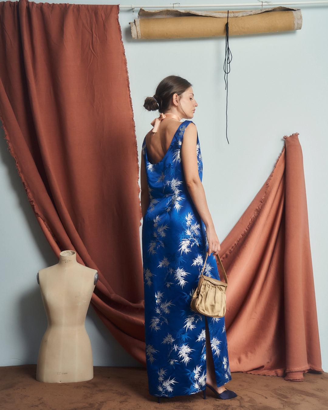 Abito chinoiserie anni 50 in pura seta Jacquard