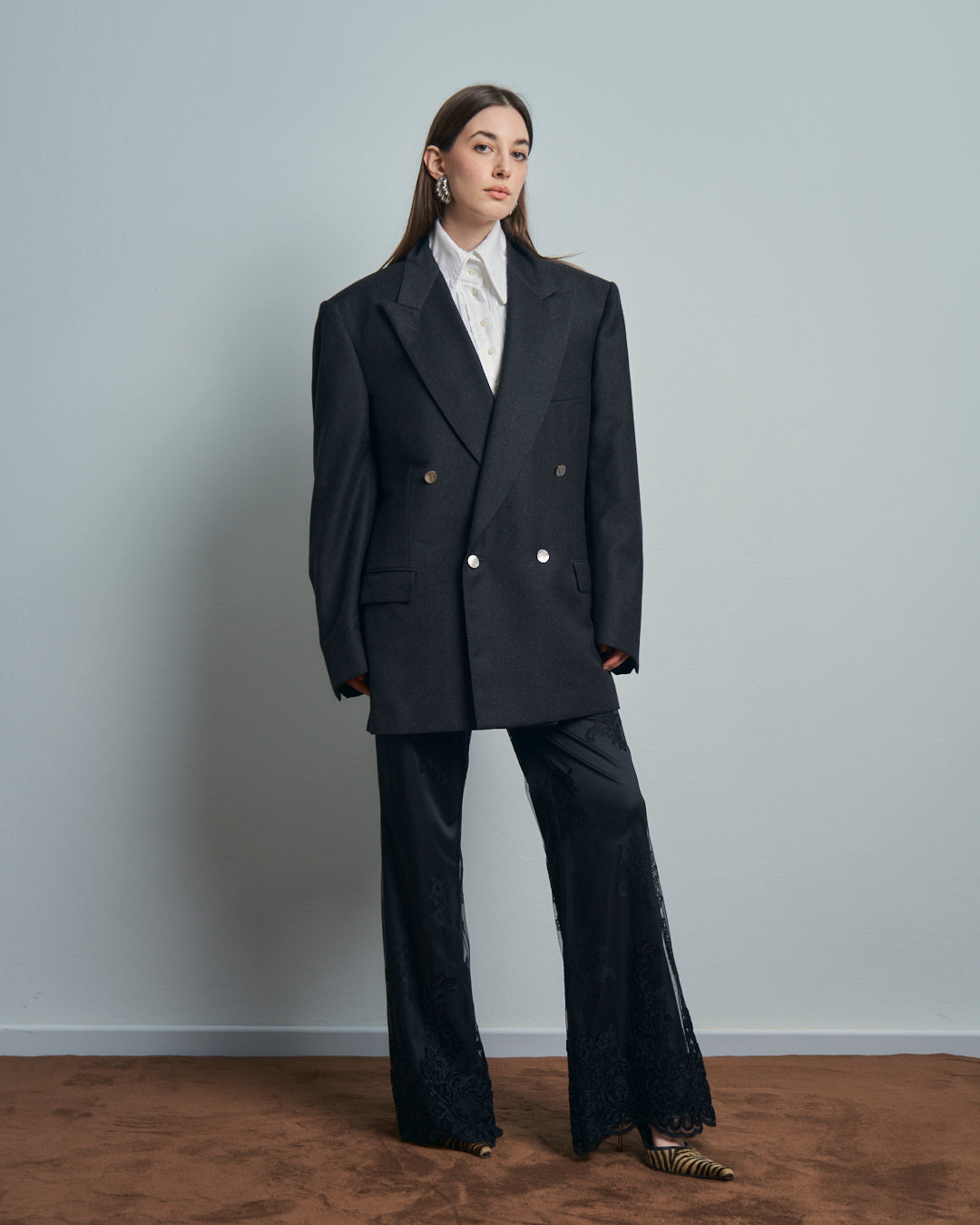 Blazer doppiopetto Yves Saint Laurent Hommes in lana grigio bottoni madreperla